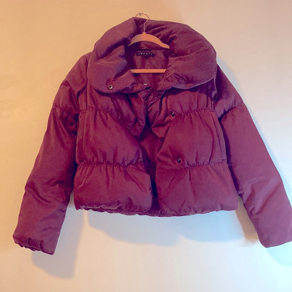 Theory puffer. Down filled. Plum colour. Size small.